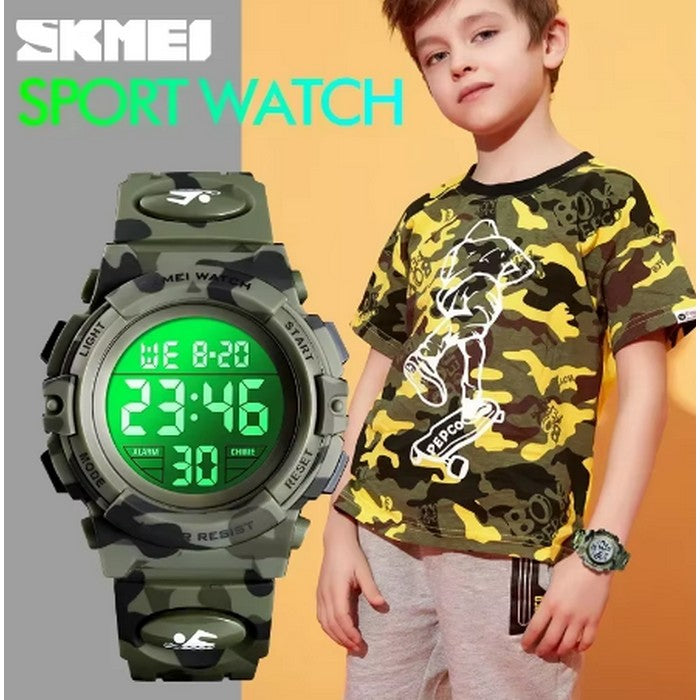 Montre Garçon Digitale avec Bracelet Camouflage Vert en Silicone