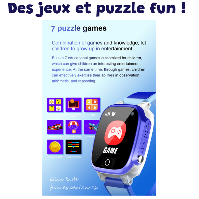 Montre Enfant Intelligente, 4G, Appels & Messages, Lecteur Audios & Vidéos, Bouton SOS